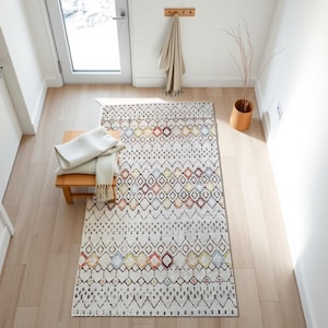 Colorful Boho Geometric Diamond Runner, Cream Base Multicolor Tribal Moroccan Style Hallway Carpet,  Distressed Ethnic Rug, Soft Runner Rug