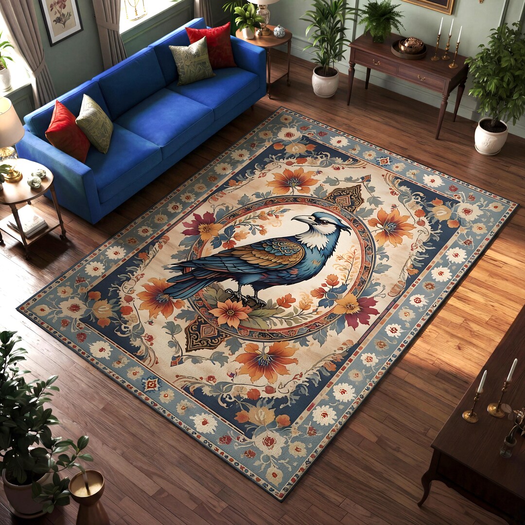 Bright Bird Rug Blue Bird Area Rug for Living Room, Vintage Floral Oriental Carpet ...