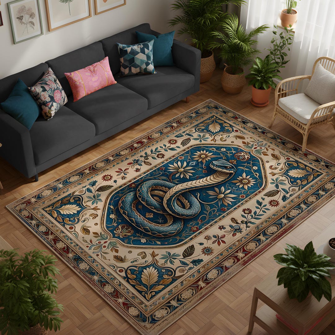 Skunk Rug Snake Area Rug, Serpent Oriental Carpet, Mystical Floral Living Room ...