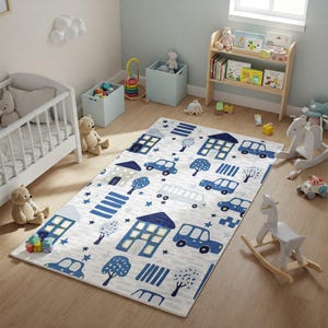 Tappeto per cameretta dei bambini con mappa stradale della città - Tappeto per sala giochi con auto e casetta blu per ragazzi / Decorazione per camera da letto con tema traffico per bambini / Tappetino per bambini piccoli, tappeto per bambini