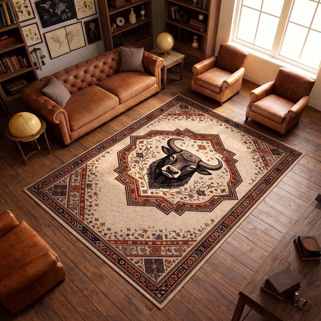 Bull Area Rug for Living Room, Persian Style Animal Carpet, Rustic ...