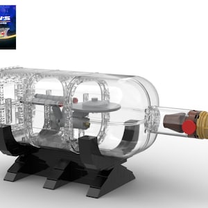 Könnte beinhalten: Eine durchsichtige Plastikflasche mit einem schwarzen Ständer, die ein Miniaturmodell der Starship Enterprise enthält. Die Flasche hat einen braunen Korken mit einem roten Band.
