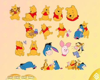Puede incluir: Una colección de ilustraciones de personajes de dibujos animados de Winnie the Pooh y sus amigos. Los personajes incluyen Winnie the Pooh, Piglet, Tigger, Eeyore y una mariposa. Las ilustraciones están en una variedad de poses y expresiones.