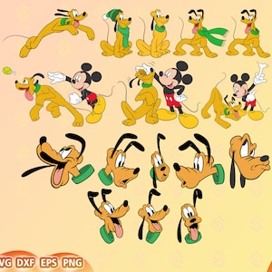 以下が含まれることがあります： ミッキーマウスとプルートのさまざまなポーズを特徴とするデジタルカットファイルのセット。キャラクターは、赤、黄、緑など、明るい色を使用したカートゥーンスタイルで描かれています。ファイルは、ビニールデカール、アイロン転写、ペーパークラフトなどのクラフトプロジェクトに適しています。