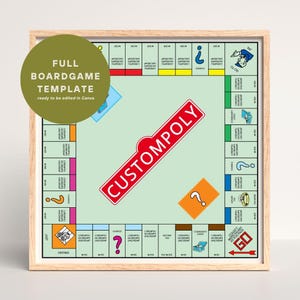 May include: A framed board game template with a light green background. The game board features spaces with text, question marks, and a red "CUSTOMPOLY" logo. A green circle with white text reads "FULL BOARDGAME TEMPLATE ready to be edited in Canva."