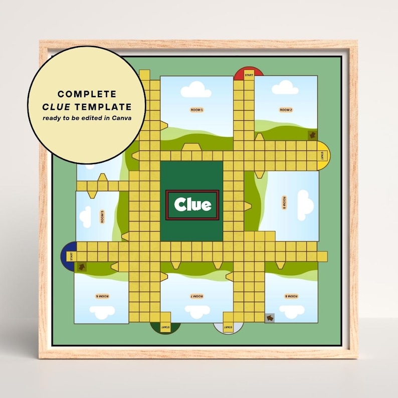 May include: A printable Clue board game template with a green background, yellow squares, and a green "Clue" label in the center. The template is ready to be edited in Canva.