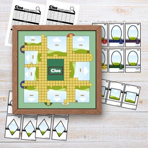 May include: A green and yellow Clue board game with a wooden frame. The board features a green square in the center with the word "Clue" printed on it. The board is surrounded by a green border with a yellow grid.