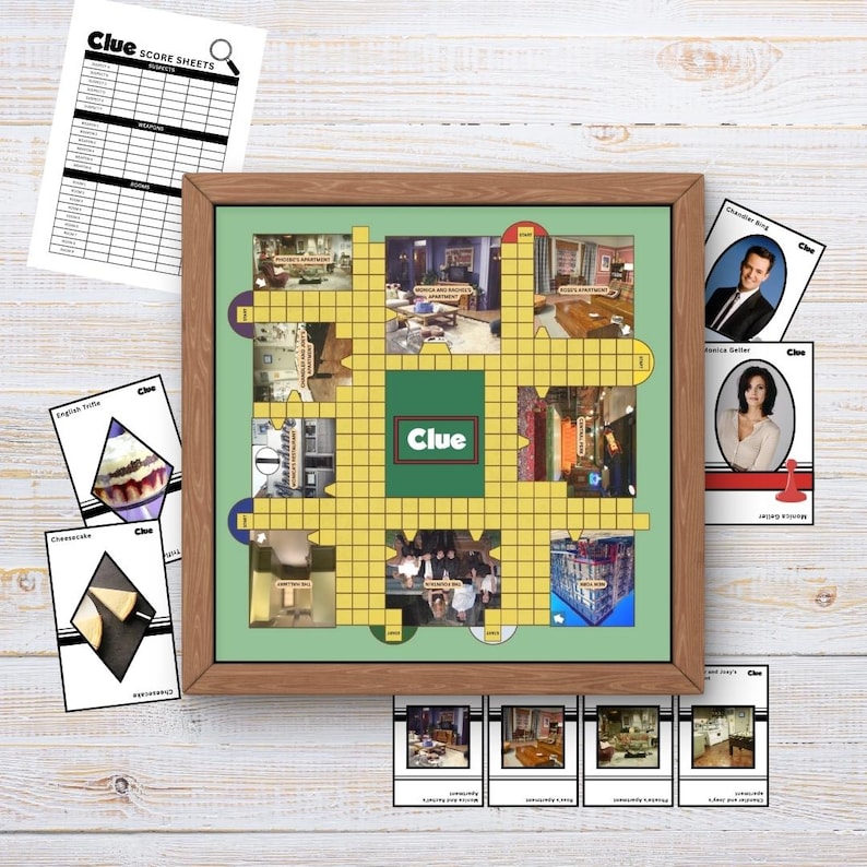May include: A classic Clue board game with a wooden frame and a green playing surface. The board features a grid with rooms and hallways, and the game pieces are visible in the center of the board. The game is set up for play with cards and dice.