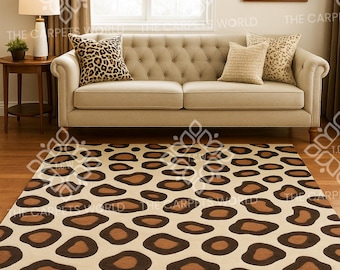 8x10 Hand Tufted Wool Leopard Print Rug, Modern Animal Pattern Area Rug, Beige Brown Abstract Carpet, Living Room, Bedroom Decor Carpet