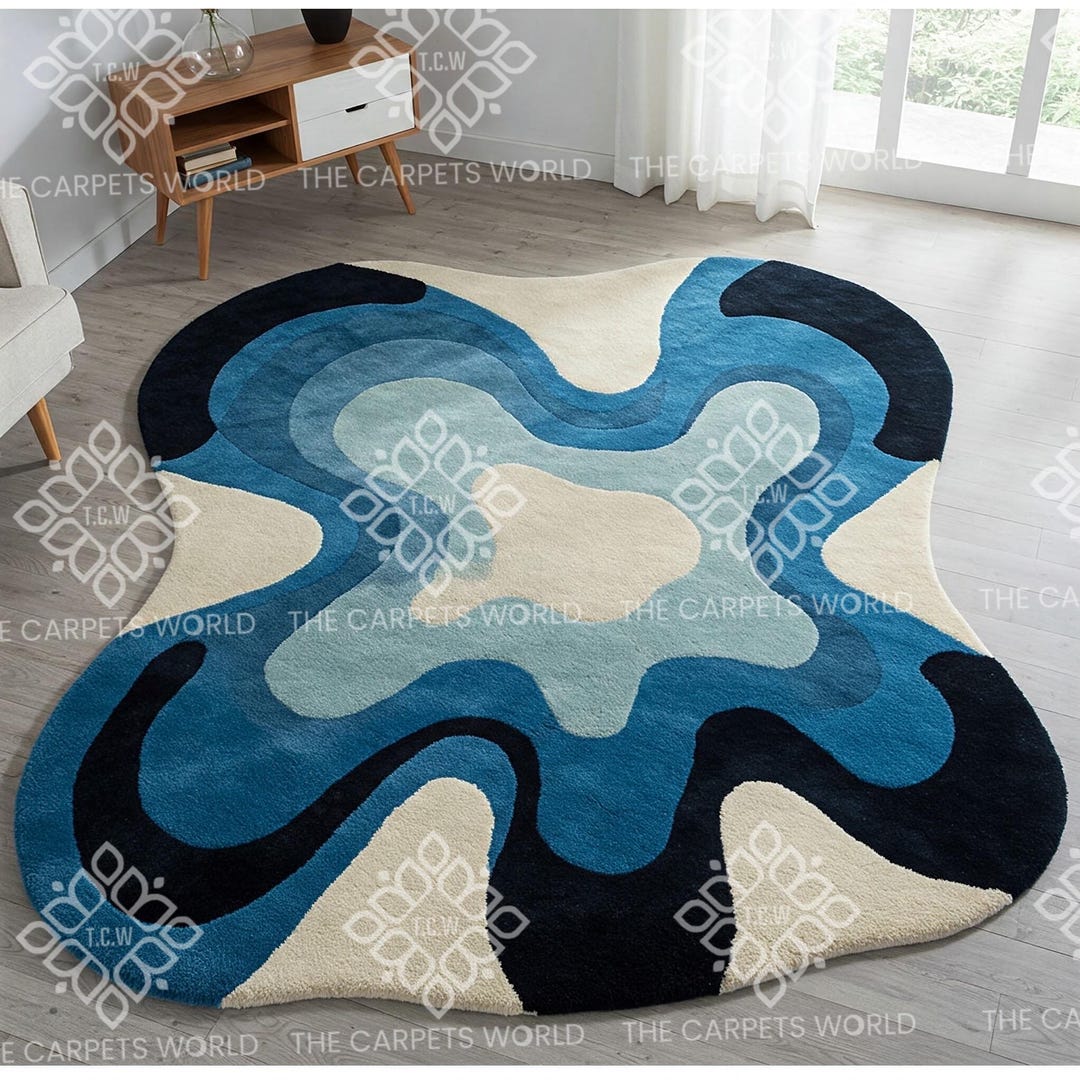 Contemporary Blue Rug Modern Abstract Blue Wool Rug | Hand-tufted Wavy Area Rug ...