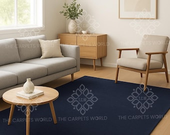 Massief marineblauw handgetuft wollen vloerkleed | Minimalistisch modern vloerkleed | Aangepast formaat slaapkamer, woonkamertapijt | Zacht dik pluche eigentijds vloerkleed