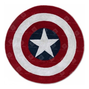 May include: A red, white, and blue circular rug with a white star in the center. The rug is designed to look like Captain America's shield.