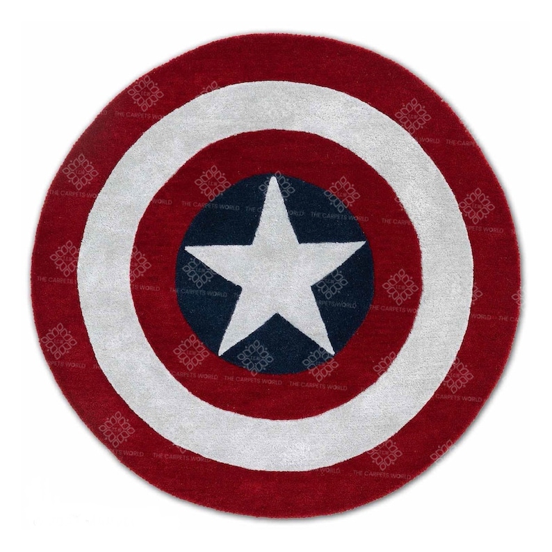 May include: A red, white, and blue circular rug with a white star in the center. The rug is designed to look like Captain America's shield.