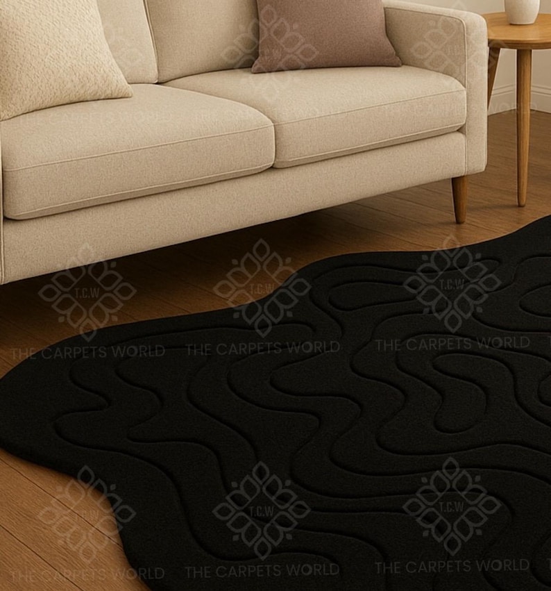 Black Abstract Hand Tufted Wool Rug, Modern Organic Shaped Rug, Carved ...