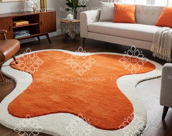 Hand Tufted Wool Abstract Rug, Modern Organic Shape Area Rug, Burnt Orange & White Designer Carpet For Living Room Bedroom Office Decor Rug