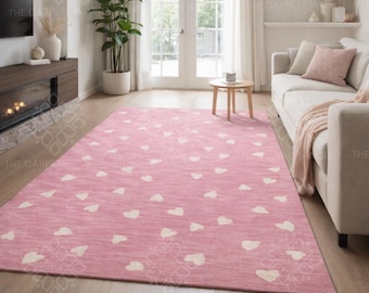 Valentine's Day Gift Rug, Pink Heart Hand Tufted Wool Rug, Cute Kids Room Area Rug, Modern Nursery Carpet, Soft Plush Handmade Floor Rug