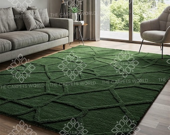 Emerald Forest Green Hand Tufted Wool Rug,Modern Geometric Area Rug,Handmade Textured Carpet For Living Room,Bedroom,Contemporary Home Decor