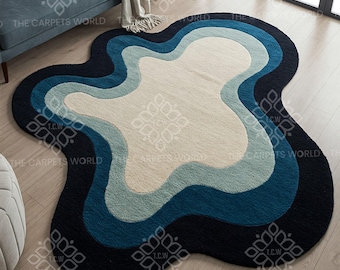 Hand getuftet Wollteppich, abstrakte Welle moderne unregelmäßige Form Teppich, blau schwarz Elfenbein Designer Teppich für Wohnzimmer Schlafzimmer Funky Home Decor