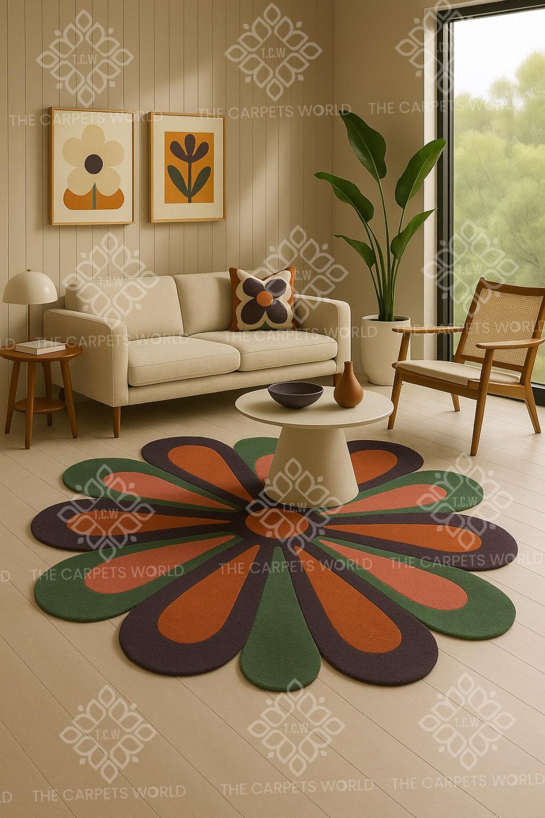 7x7 Hand Tufted Flower Rug, Wool Area Rug, Mid Century Modern Floral ...