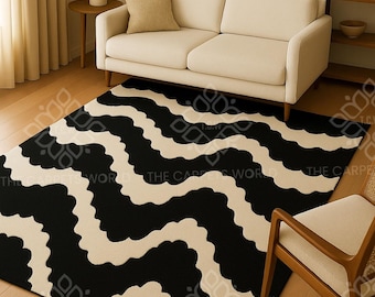 Black Ivory Hand Tufted Wool Rug, Modern Wavy Abstract Area Rug, Geometric Living Room Carpet