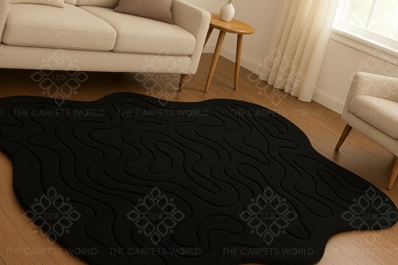 Black Abstract Hand Tufted Wool Rug, Modern Organic Shaped Rug, Carved ...