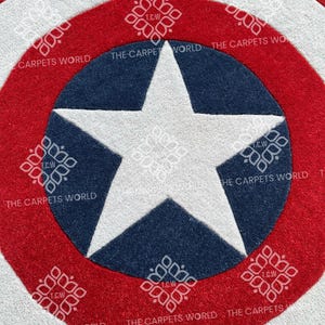 May include: A round, red, white, and blue rug with a large white star in the center. The rug is designed to look like Captain America's shield.