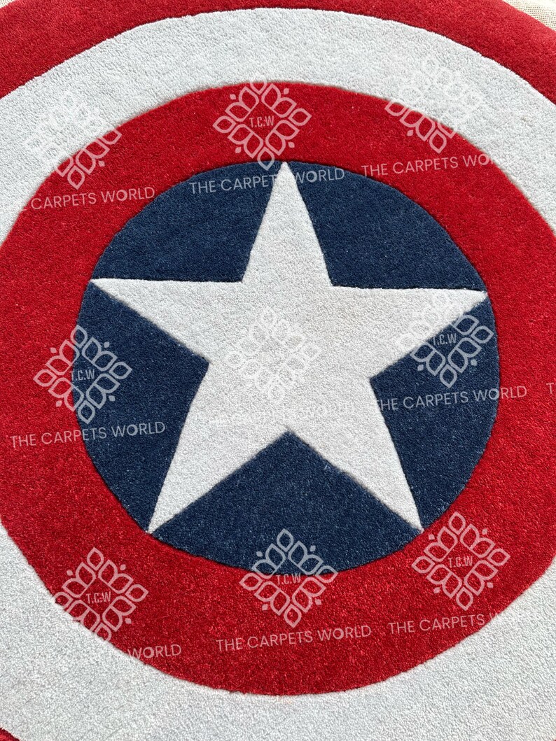May include: A round, red, white, and blue rug with a large white star in the center. The rug is designed to look like Captain America's shield.