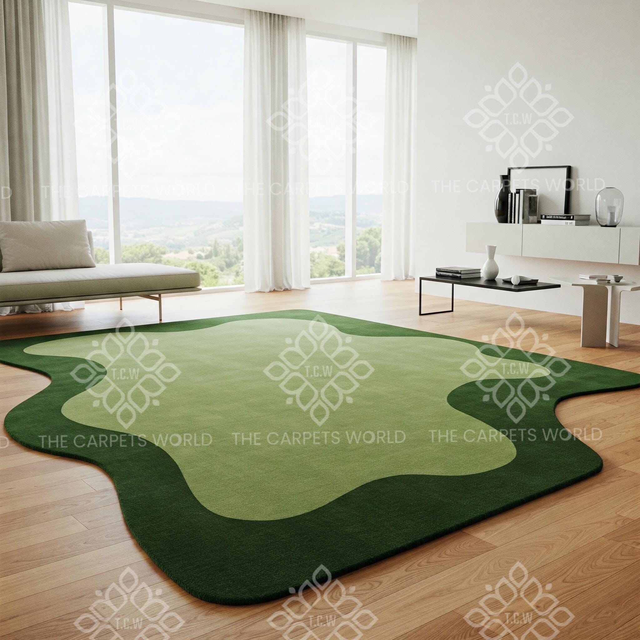 Organic Green Hand Tufted Wool Rug, Modern Abstract Shaped Rug