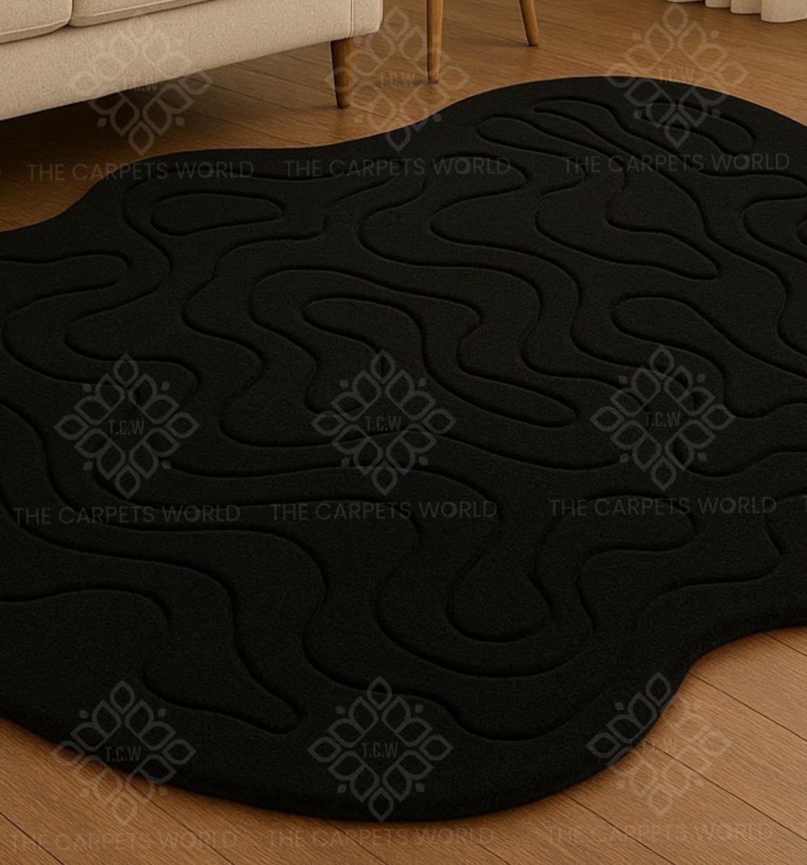 Black Abstract Hand Tufted Wool Rug, Modern Organic Shaped Rug, Carved ...