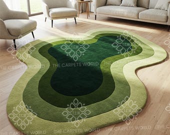 Emerald Stream Wool Rug, Serene Green Organic Shape Hand Tufted Area Rug Modern Abstract Floor Decor Handmade Custom Rug For Living Room 6x9