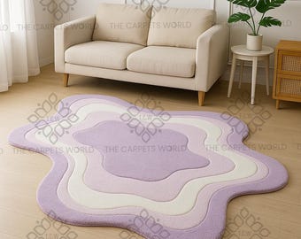 9x9 Lavender Hand Tufted Wool Area Rug– Soft Abstract Purple Color Irregular Organic Shape Carpet, Modern Minimalist Living Room Carpet