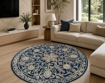 Round Hand Tufted Wool Rug, Navy Blue Floral Area Rug, Botanical Medallion Carpet, Modern Living Room Round Rug
