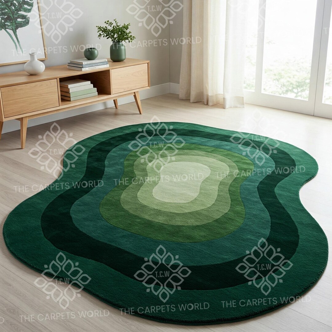 Emerald & Sage Green Abstract Rug, Organic Fluid Shape, Modern Hand ...