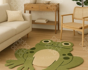 Hand Tufted Frog Rug, Cute Animal Shaped Wool Rug, Kids Room Nursery Rug, Green Frog Area Rug, Cartoon Frog Carpet, Whimsical Kids Decor Rug