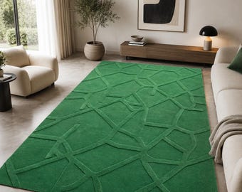 Hand Tufted Green Wool Rug, Modern Geometric Textured Area Carpet, Sculptural Minimalist Living Room Decor