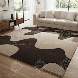 Modern Abstract Rug- Beige & Brown Wavy Pattern,designer Hand Tufted ...
