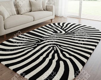 250x270 Wollteppich mit Zebra Print | Schwarzer Teppich mit Tiermuster | Modernes Wohnzimmer Dekor | Kurzflor Designer Statement Teppich