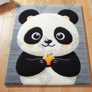 Cute Panda Hand Tufted Wool Rug Holding Orange–Soft Plush Kids Room Carpet–Cozy Nursery Decor Handmade Custom Area Rug For Home Decor Carpet