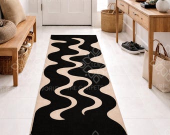 Alfombra de lana tejida a mano, alfombra moderna ondulada para pasillo, alfombra abstracta en negro y beige, alfombra larga minimalista para la entrada y el pasillo.