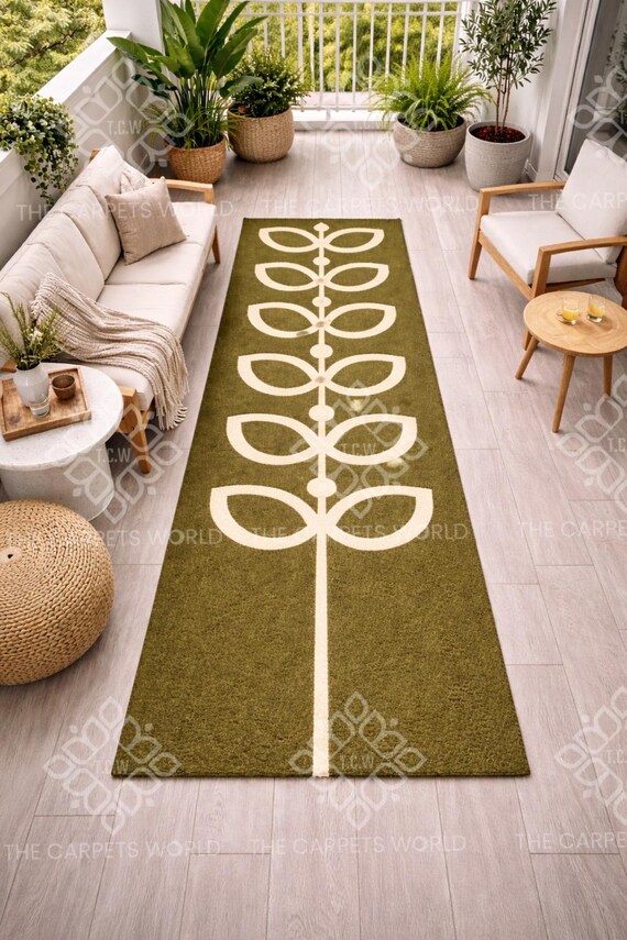 Hand Tufted Wool Runner Rug, Olive Green Botanical Hallway Rug, Scandinavian Leaf Entryway Carpet, Custom Size