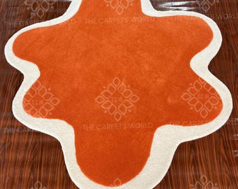 Hand Tufted Wool Rug, Organic Irregular Shape Rug, Burnt Orange Abstract Rug, Modern White Border Designer Rug, Contemporary Living Room Rug
