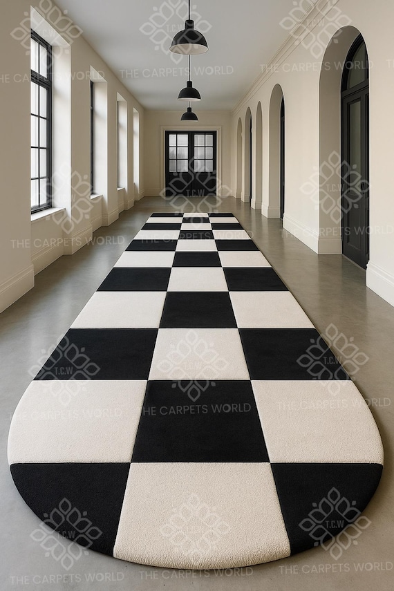 Handmade Black White Checker Board Runner Rug– Irregular Modern