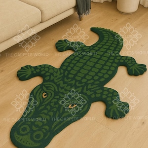 Crocodile Rugs Hand Tufted Wool Rug, Green Alligator Rug, Animal Rug, Reptile Rug, Handmade Custom Rug For Kids Room, Hallway, Nursery Décor
