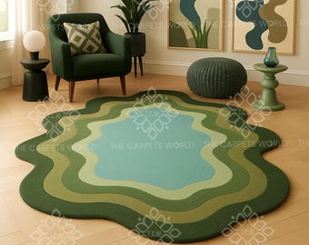 Hand Tufted Wool Area Rug, Organic Wavy Green Rug, Modern Abstract Living Room Carpet