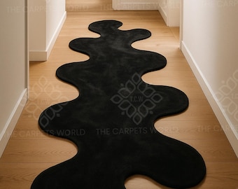 Hand Tufted Black Wool Runner Rug – Organic Wavy Hallway Rug, Modern Abstract Carpet, Custom Shape Rug For Entryway & Funky Home Decor 3x10