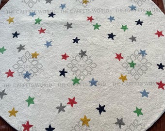 Round Star Wool Rug, Hand Tufted Kids Rug,Nursery Playroom Carpet, Modern Colorful Starry Skies Wool Rug,Baby Room Decor,Handmade Circle Rug