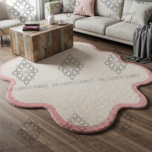 Hand Tufted Blush Bloom Cloud Wool Rug Wavy Cream & Pink Color Organic Shape Rug 5x5 Handmade Custom Area Rug For Modern Funky Living Room