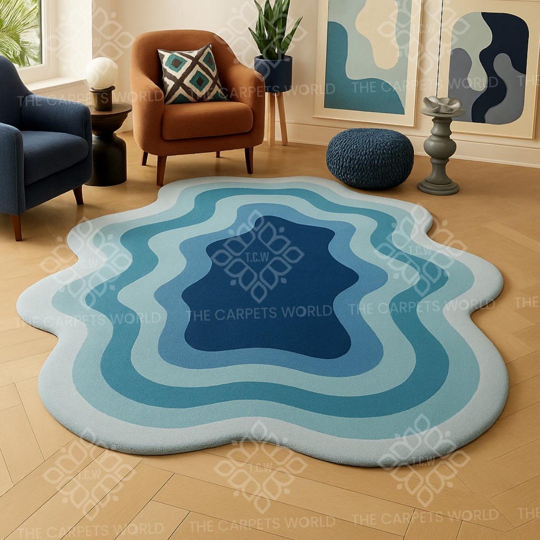 6x9 Modern Abstract Blue Hand Tufted Wool Rug, Organic Wavy Shape Area ...