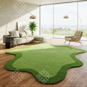Modern Organic Shape Light & Dark Green Hand Tufted Wool Rug – Wavy Nature-Inspired Handmade Custom Carpet For Living Room, Home Decor 8x10
