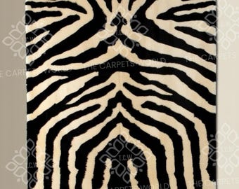 Tappeto in lana zebrata annodato a mano 8x10, tappeto con stampa animalier nera e avorio, tappeto moderno in stile safari, tappeto di lana di lusso fatto a mano per la cameretta dei bambini